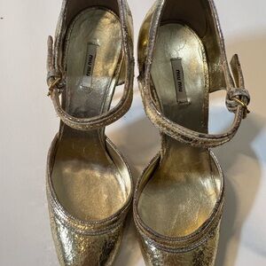 Miu Miu Metallic Gold Mary Jane Heels with Ankle Strap